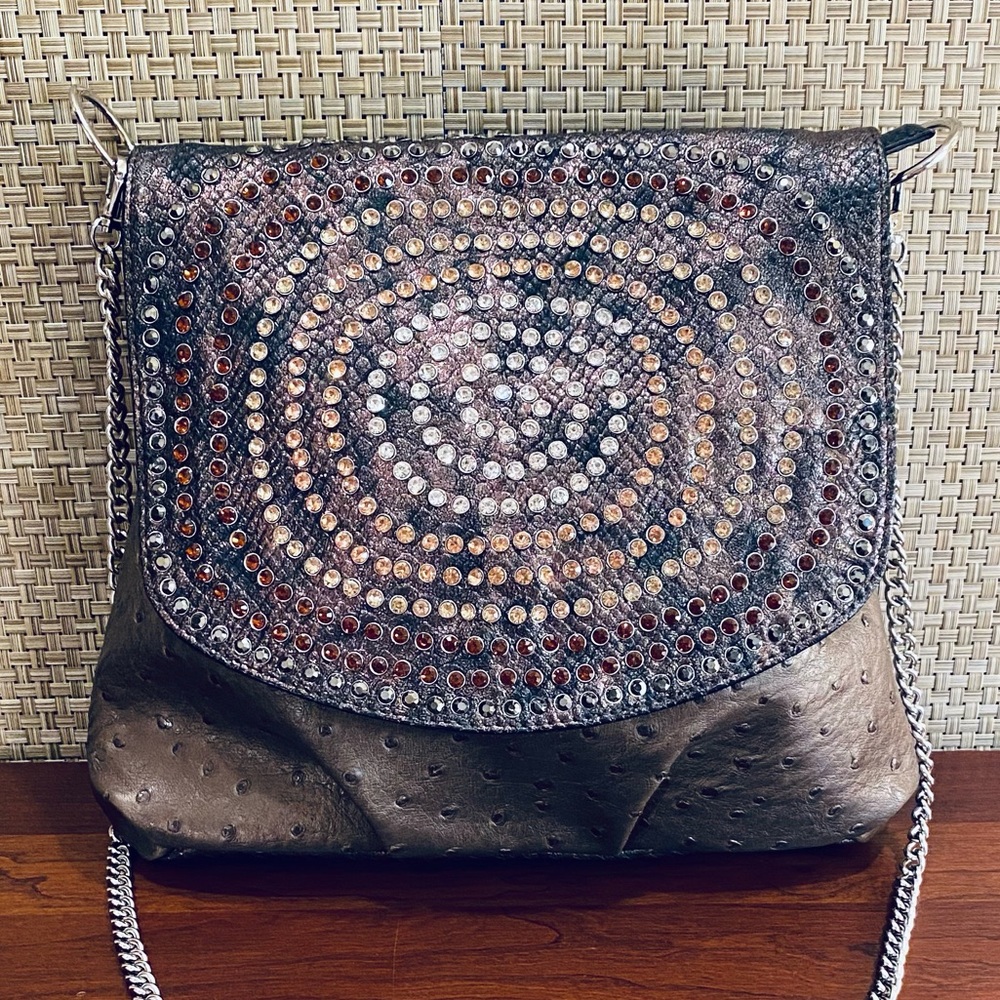 🌟HP🌟EUC Blue Elegance Studded Chrystal Taupe Faux Ostrich Shoulder Bag - Picture 2 of 16